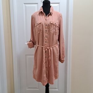 Parasuco Shirt Dress Women's Large Dusty Pink Peach Tencel Fabric Denim Look